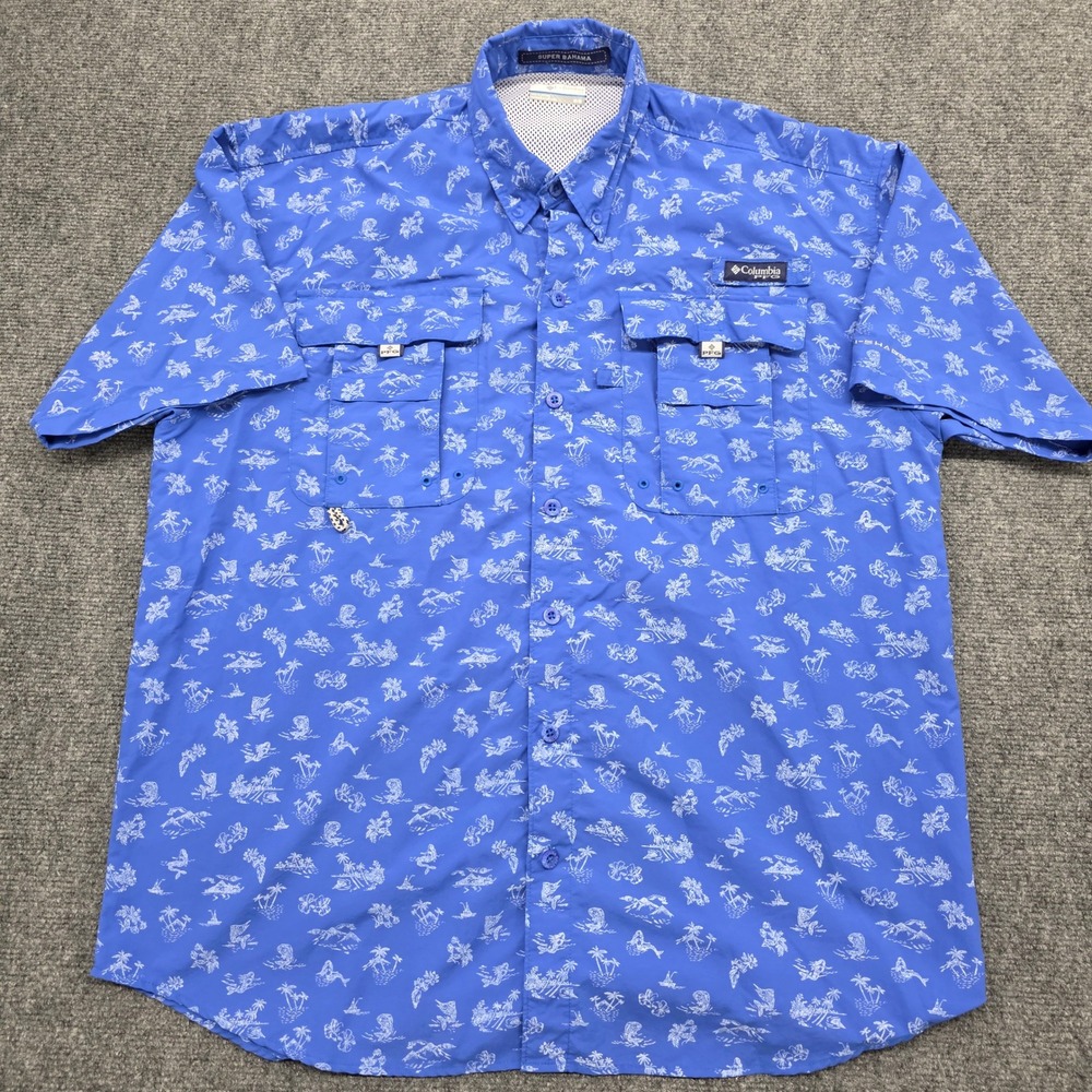 Columbia PFG Super Bahama Mens Medium Blue Tropical Print Fishing Shirt SS